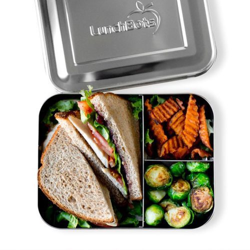 lunchbots large trio stainless steel bento box lunchbox open with sandwich and sides