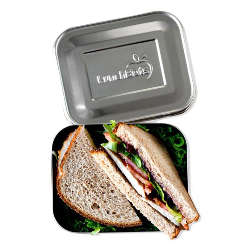 lunchbots medium uno stainless steel bento box lunchbox open with sandwich