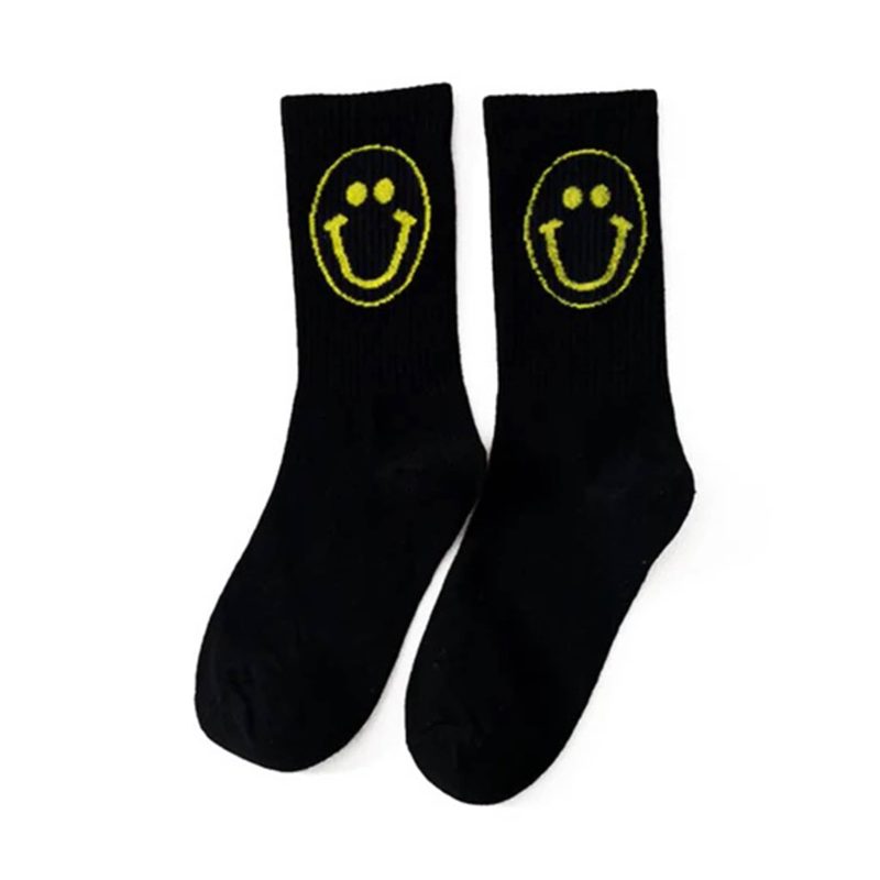 malibu sugar daily candy SFSCKS BLK black smiley face girls crew socks with yellow happy face