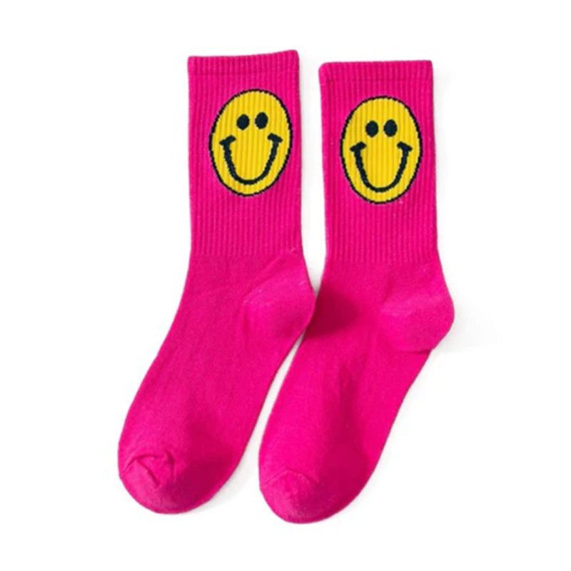 malibu sugar daily candy SFSCKS HTPNK hot pink smiley face girls crew socks with yellow happy face