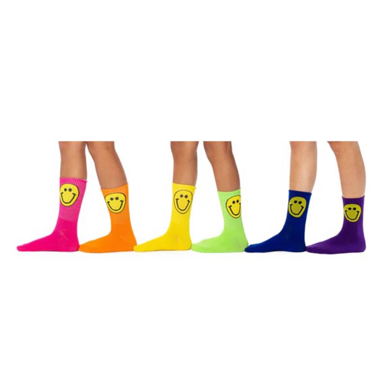 malibu sugar daily candy SFSCKS colorful smiley face girls crew socks with yellow happy face singles on feet