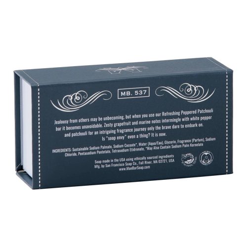 man bar refreshing peppered patchouli scented 10 ounce bar of soap in blue box packaging back