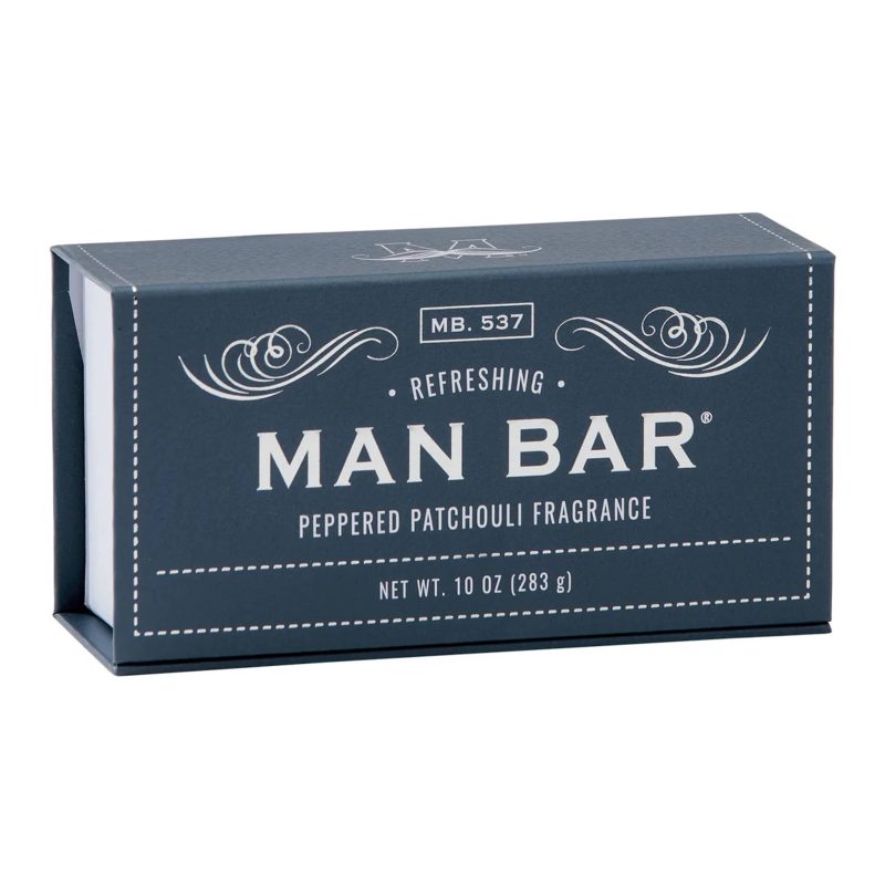 man bar refreshing peppered patchouli scented 10 ounce bar of soap in blue box packaging front