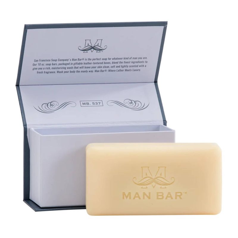 man bar refreshing peppered patchouli scented 10 ounce bar of soap with blue box packaging open