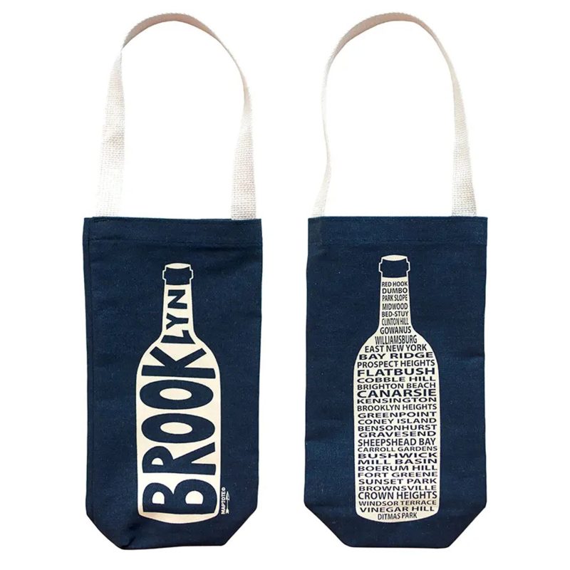 maptote denim brooklyn single wine bottle tote bag with white handles