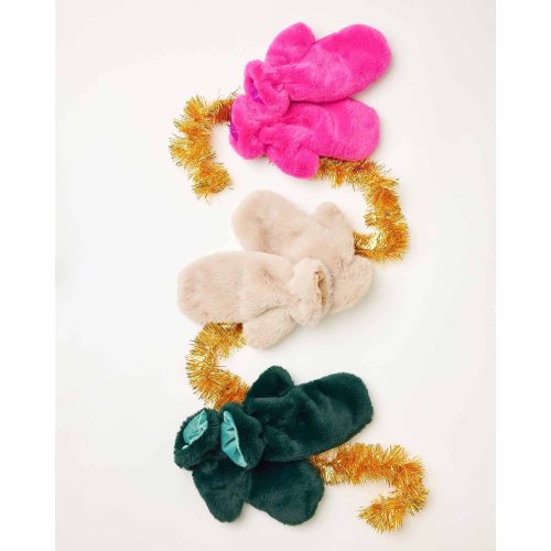 mer sea womens cozy cabin faux fur mittens in 3 colors with gold tinsel