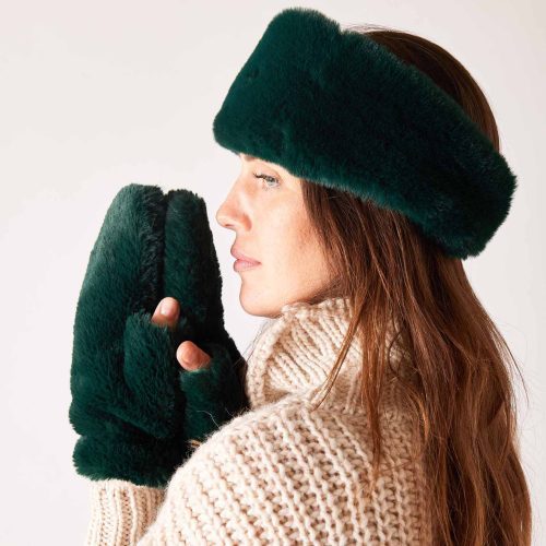 mer sea womens pine green cozy cabin faux fur mittens on model with matching headband