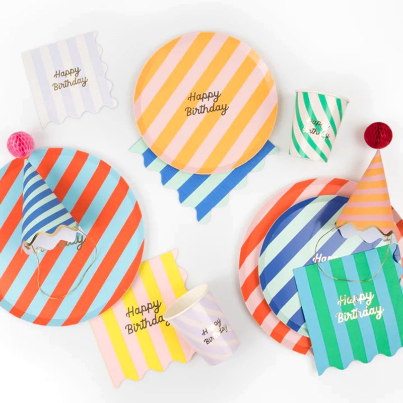 meri meri stripe happy birthday plates napkins and cups