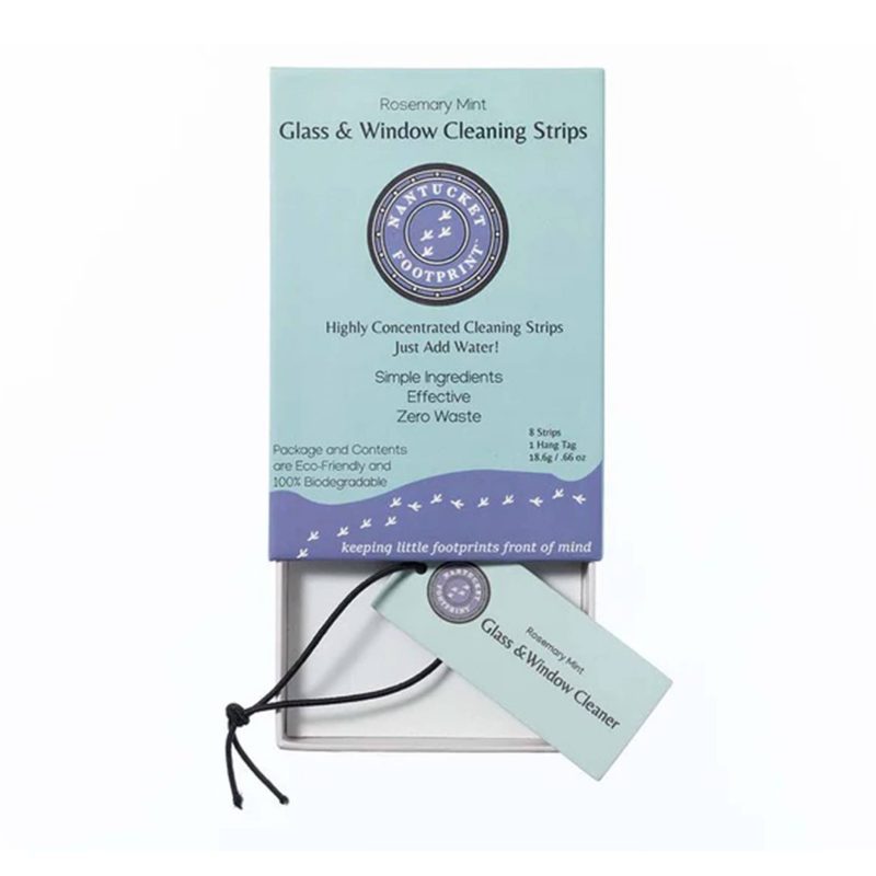 nantucket footprint rosemary mint glass and window cleaning strips in box packaging with concentrated paper strip