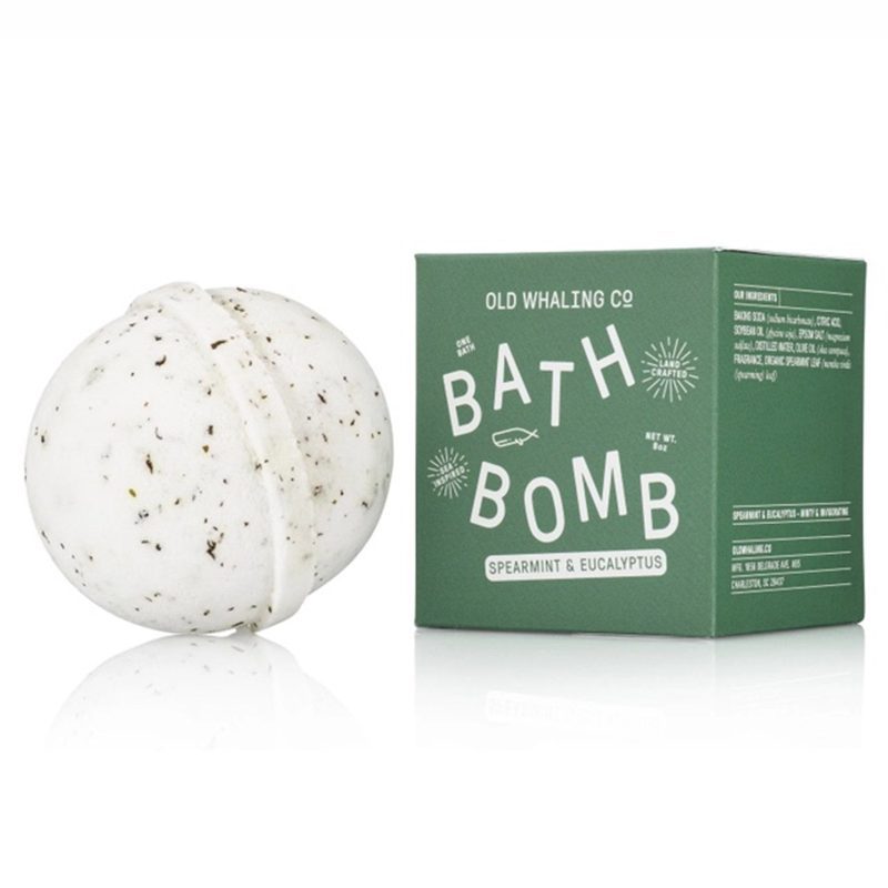 old whaling company spearmint and eucalyptus scented bath bomb fizzer with packaging