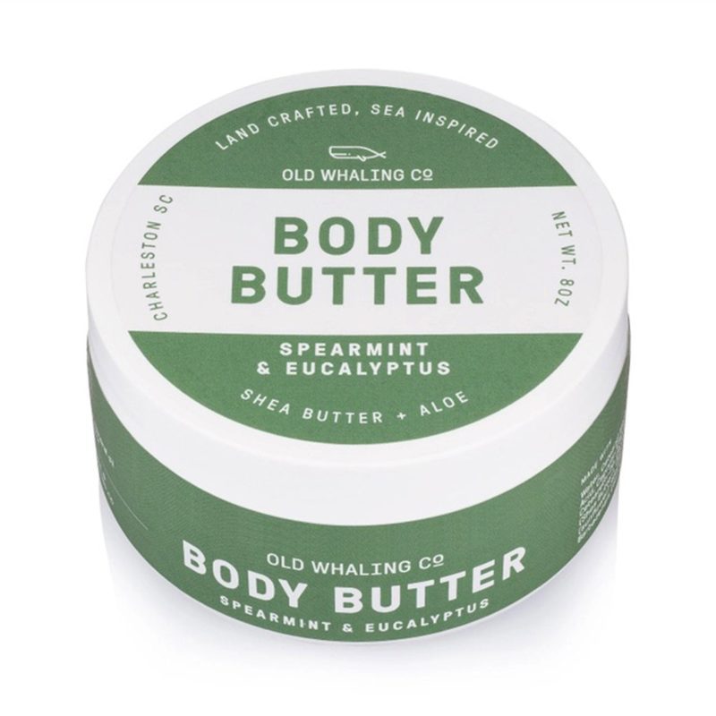 old whaling company spearmint and eucalyptus scented body butter in tub packaging side and top view