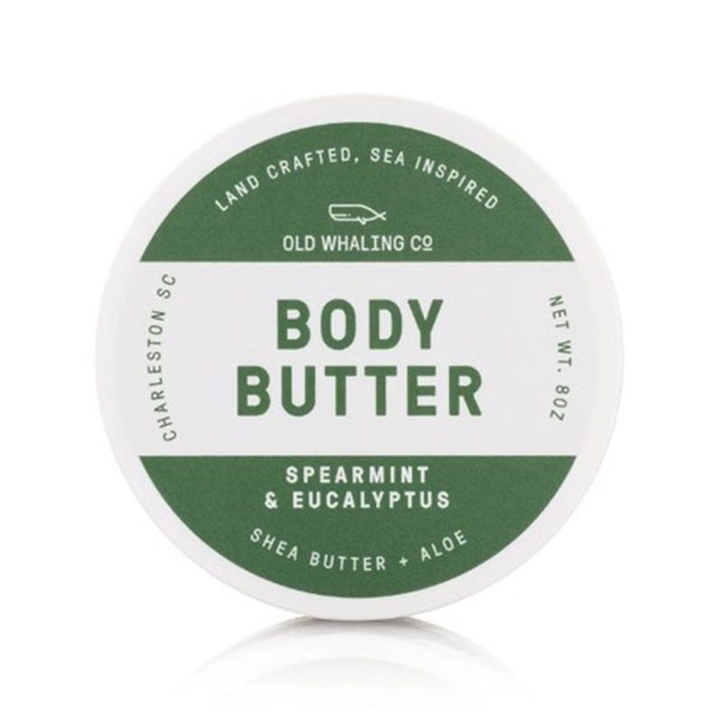 old whaling company spearmint and eucalyptus scented body butter in tub packaging top view