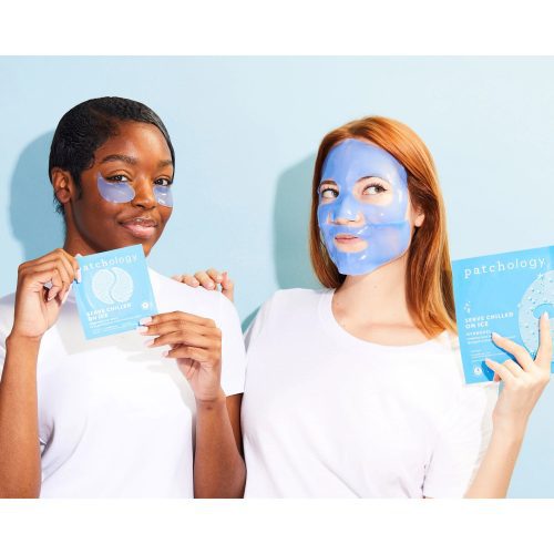 patchology serve chilled on ice hydrogel face sheet mask and eye gel on models