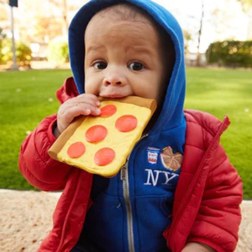 piccoliny CCPS camerons corner pepperoni pizza slice natural rubber baby teether in childs mouth