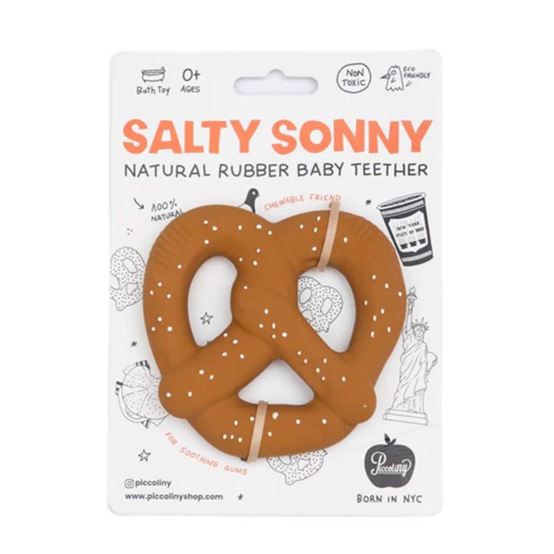 piccoliny PRBGTE salty sonny pretzel natural rubber baby teether on card