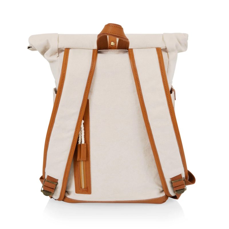 picnic time carmel roll top picnic backpack cooler in tan back view