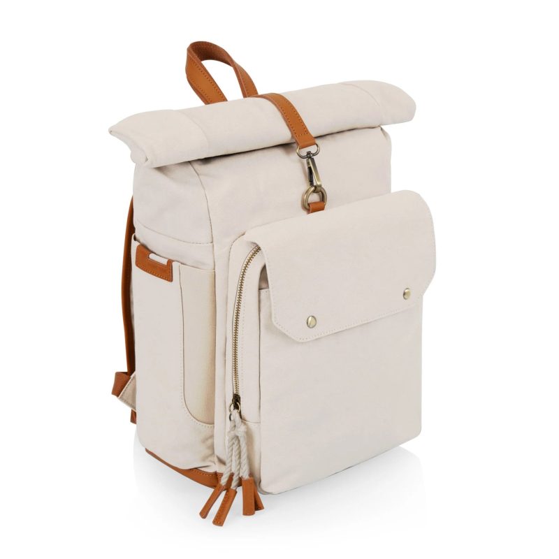 picnic time carmel roll top picnic backpack cooler in tan front angle