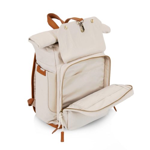 picnic time carmel roll top picnic backpack cooler in tan front angle open