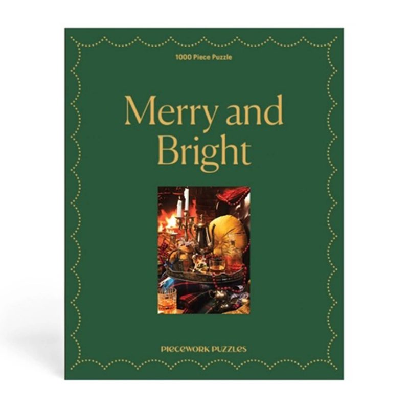 piecework puzzles 1000 piece merry and bright holiday jigsaw puzzle box front