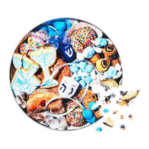 piecework puzzles PZ HANUKKAH 750 piece hanukkah cookie tin round jigsaw puzzle in progress