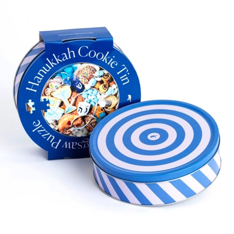 piecework puzzles PZ HANUKKAH 750 piece hanukkah cookie tin round jigsaw puzzle tin with sleeve front