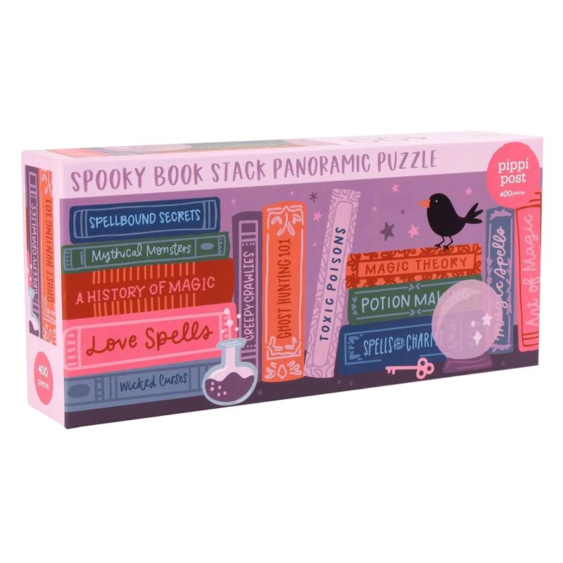 pippi post 470063 400 piece spooky book shelf panoramic jigsaw puzzle box packaging front angle