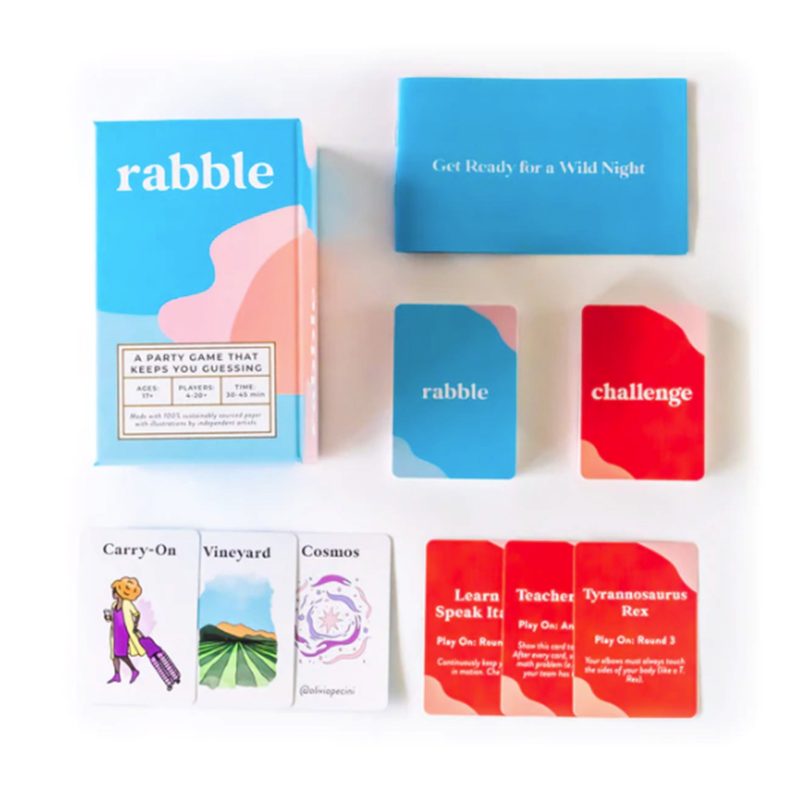 rabble card game sample cards with packaging