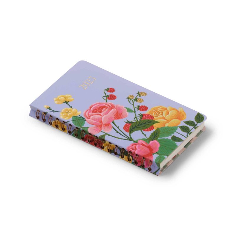 rifle paper PLT002 2025 roses 12 month spiral pocket planner front cover side angle