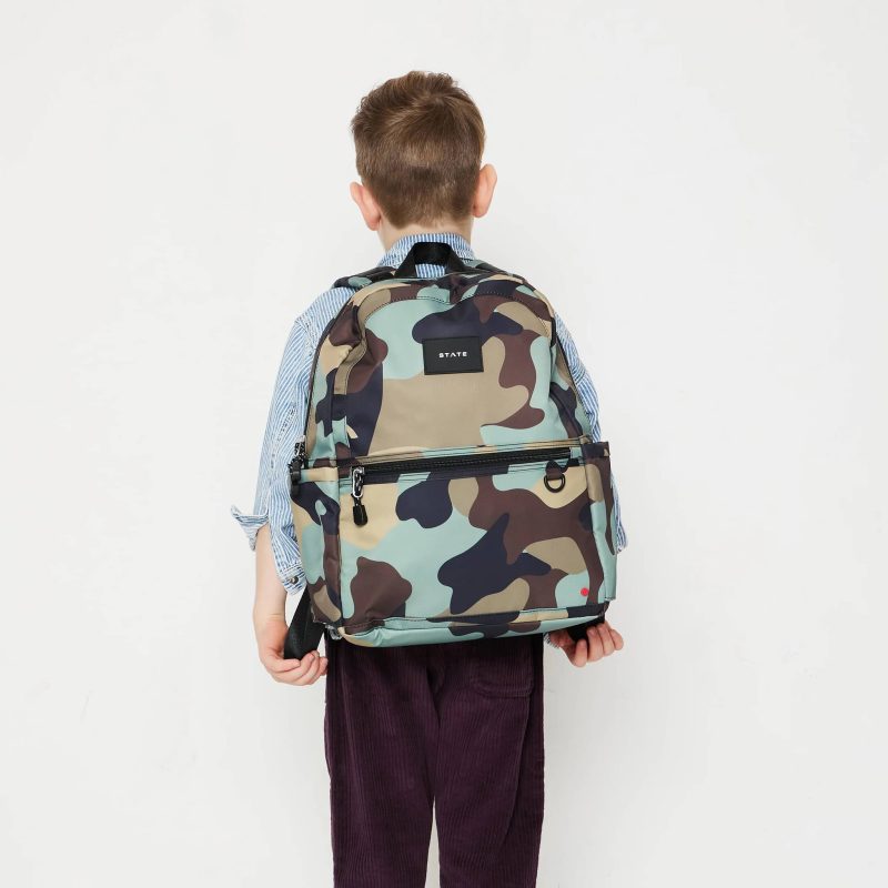 state bags STB1770 kane kids camo double pocket backpack on childs back