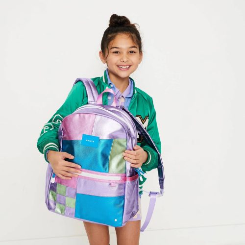 state bags STB1788 kane kids metallic patchwork double pocket backpack with child