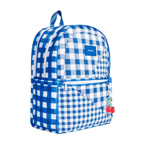 state bags STB1928 kane kids blue gingham double pocket backpack front angle