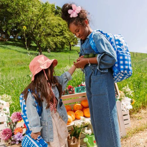 state bags STB1928 kane kids blue gingham double pocket backpack on childrens backs with lunch boxes lifestyle