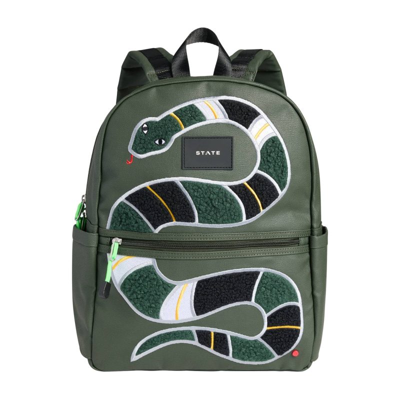 state bags STB1934 kane kids green fuzzy snake double pocket backpack front