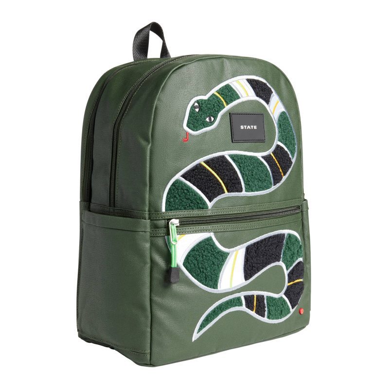 state bags STB1934 kane kids green fuzzy snake double pocket backpack front angle