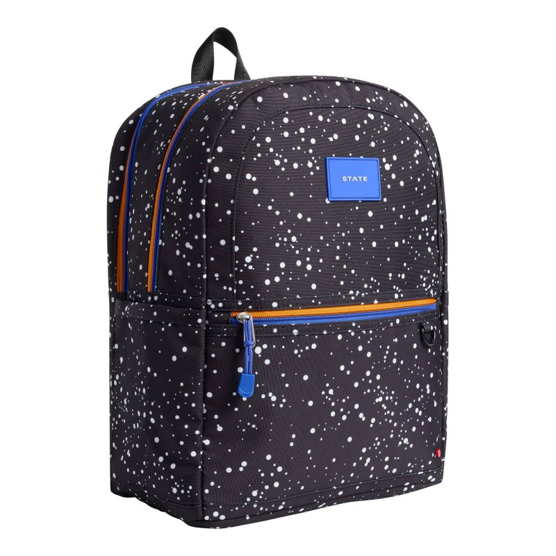 state bags STB1939 kane kids black speckled double pocket backpack front angle