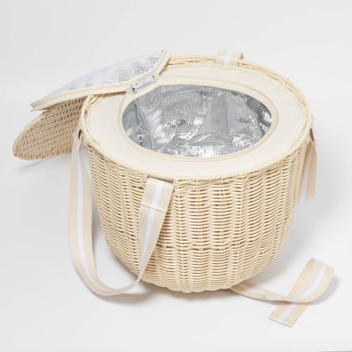 sunnylife S41PCNAT round plastic rattan insulated picnic cooler basket in le weekend natural open with metallic lining shown