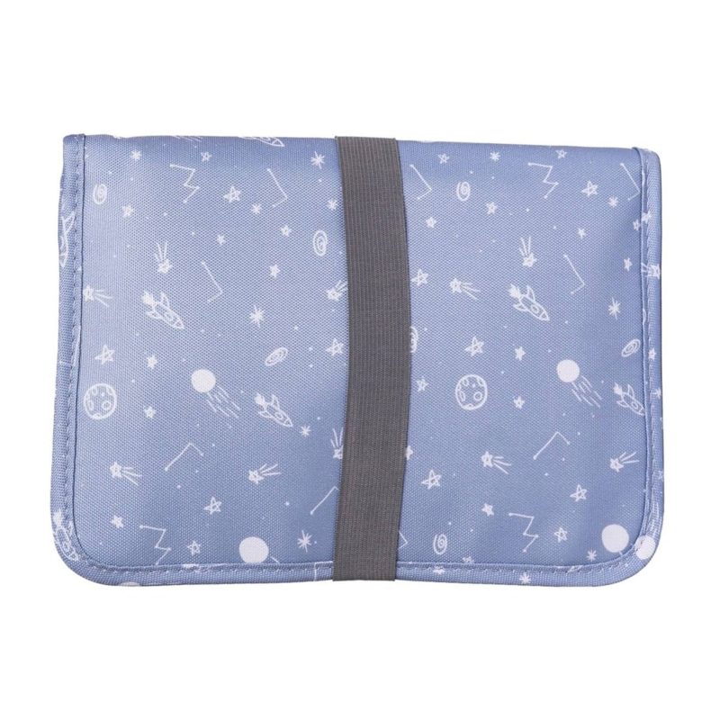 the cotton cloud diaper bag and changing pad in cosmic print front closed