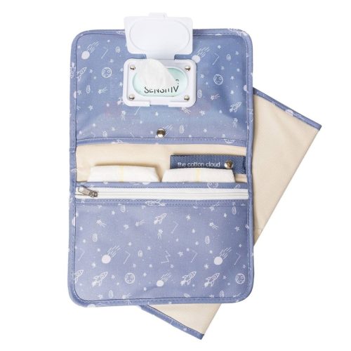 the cotton cloud diaper bag and changing pad in cosmic print open