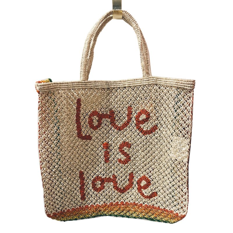 the jacksons love is love pride rainbow large jute tote bag summer accessory natural with red letters