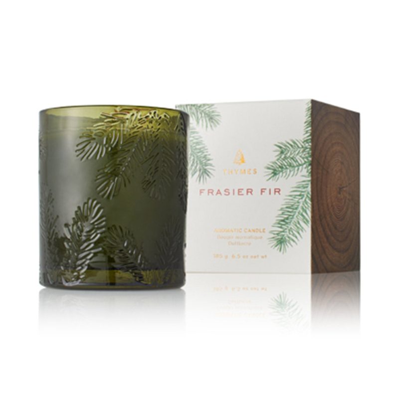 thymes frasier fir heritage molded green glass candle with