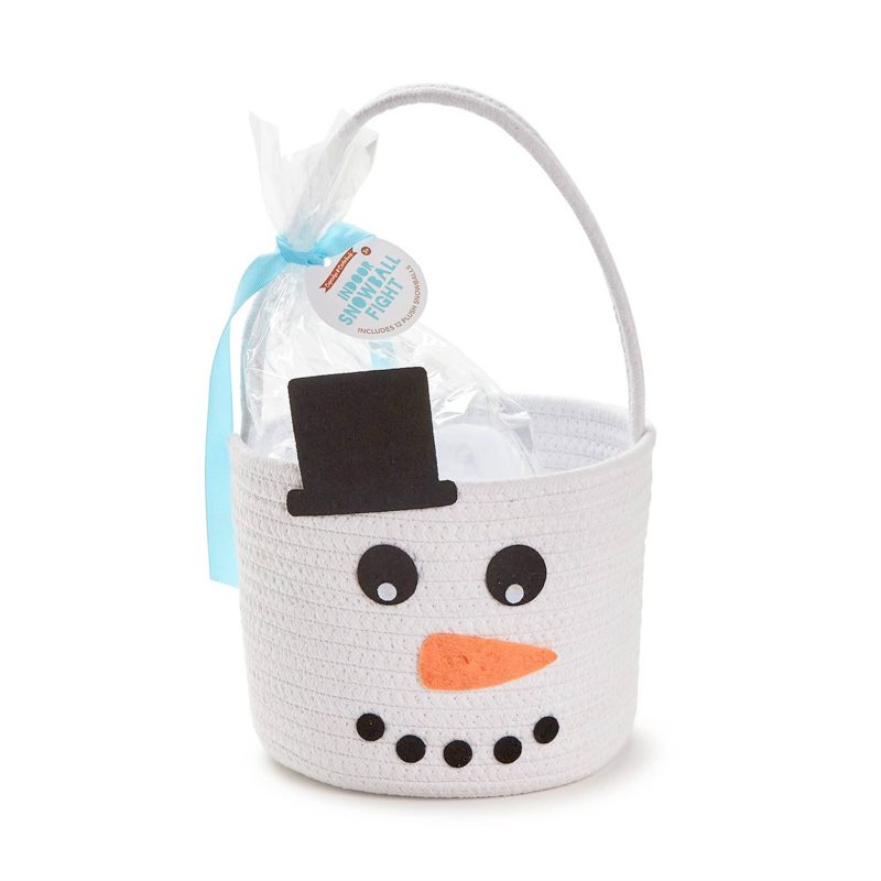 twos company 44630 soft woven snowman basket with handle indoor snowball fight kit with plush white snowballs