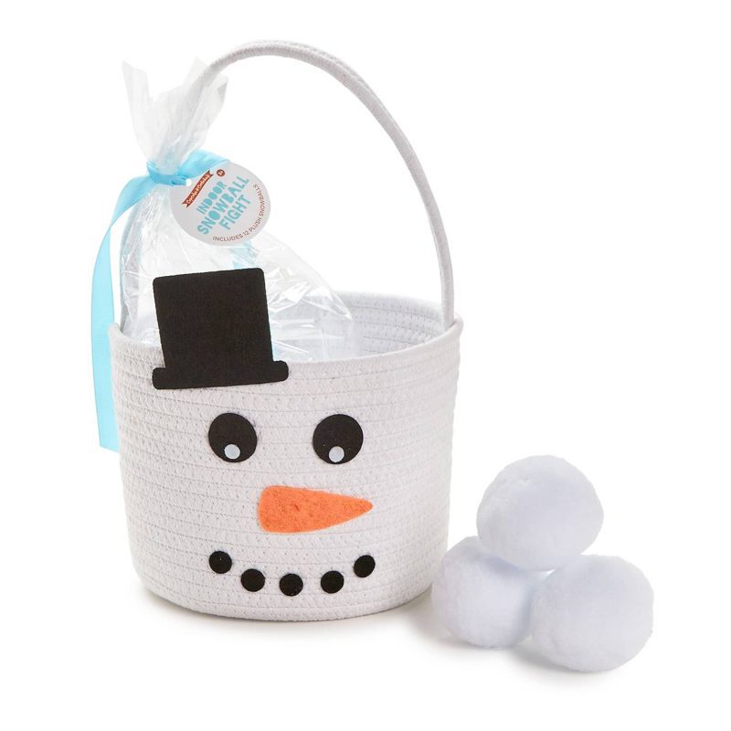 twos company 44630 soft woven snowman basket with handle indoor snowball fight kit with plush white snowballs beside