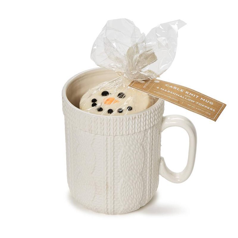 twos company 82359 cable knit pattern stoneware mug with marshmallow toppers in packaging