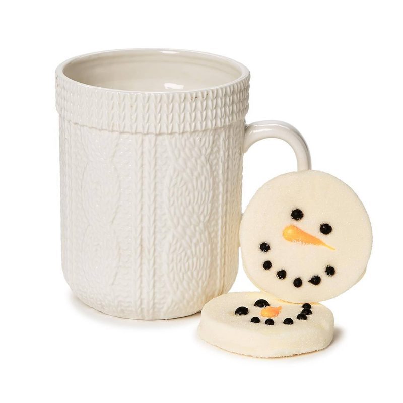 twos company 82359 cable knit pattern stoneware mug with two snowman marshmallow toppers