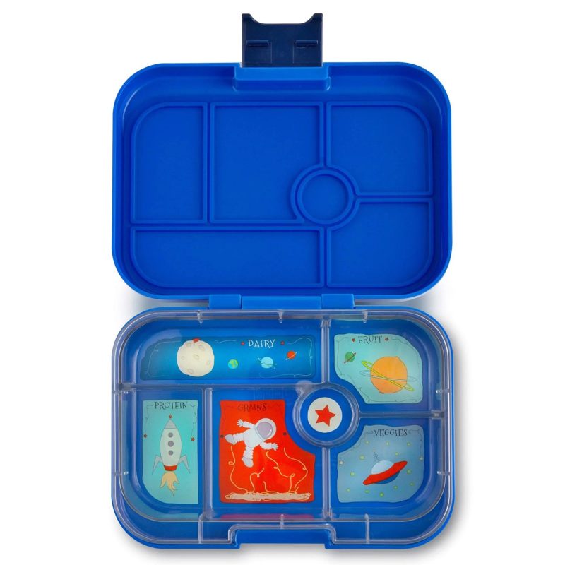 yumbox 6 compartment leakproof kids bento box in neptune blue space tray lid open