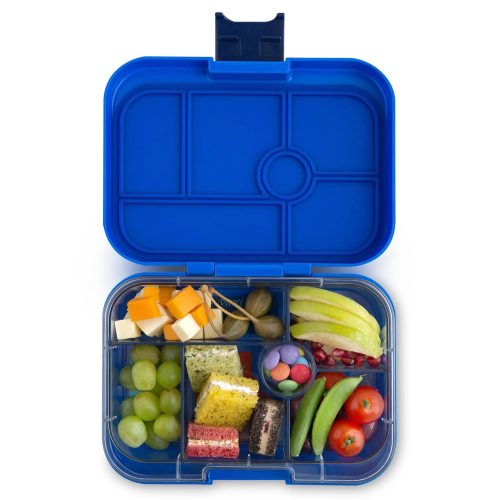 yumbox 6 compartment leakproof kids bento box in neptune blue space tray lid open with food