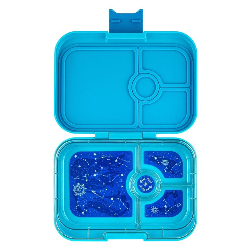 yumbox LAII202210Z panino 4 compartment leakproof kids bento box in luna aqua blue with zodiac tray lid open