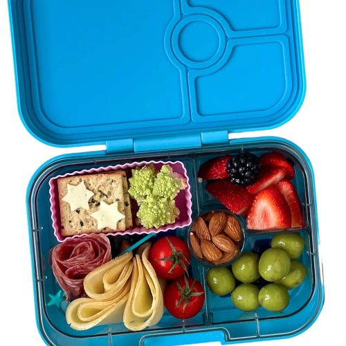 yumbox LAII202210Z panino 4 compartment leakproof kids bento box in luna aqua blue with zodiac tray lid open with food