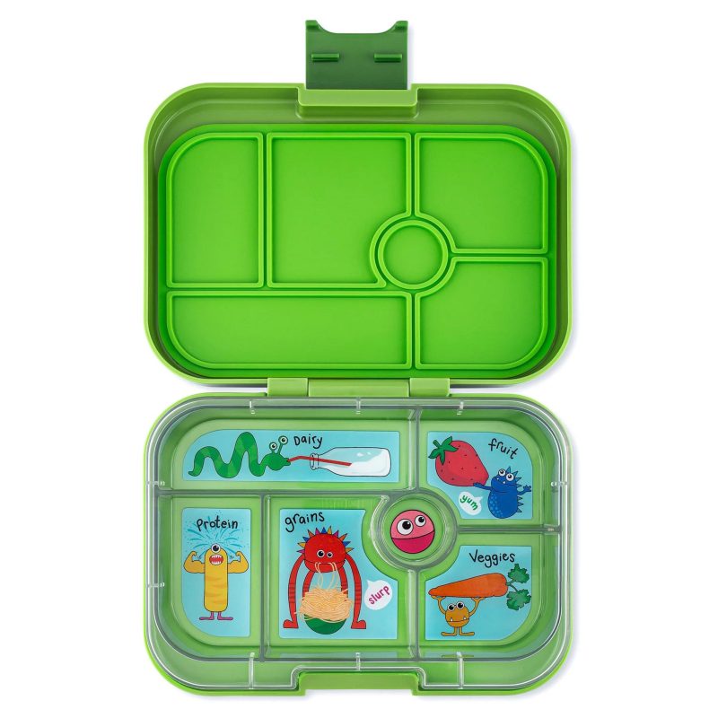 yumbox MGI202303F 6 compartment leakproof kids bento box in matcha green funny monster tray lid open