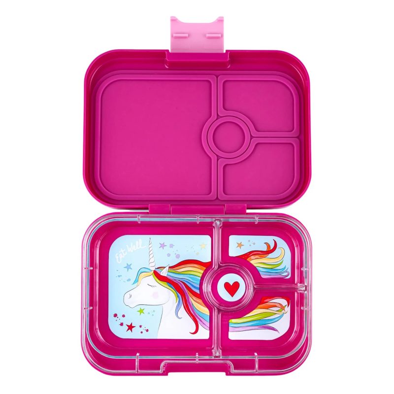 yumbox MPII202309U 4 compartment panino leakproof kids bento box in malibu purple unicorn lid open